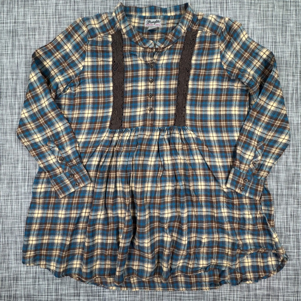 Wrangler Women's Plaid Tunic Shirt Crochet Lace Empire Waist Blue Brown XL